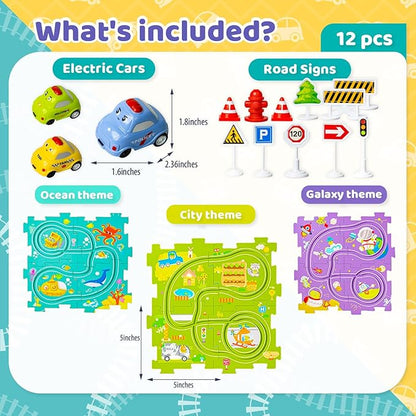 Marlo & Buzz Puzzle Racer Kids Car Track Play Set, Themed Educational Puzzles Racers Tracks with Electric Vehicles for 3+ Childrens (3 Theme (Ocean 12, pcs)
