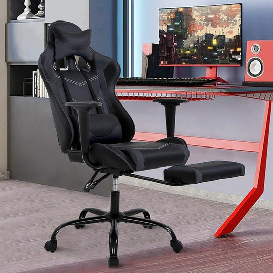PC Gaming Chair Computer Chair PU Leather Recliner with Lumbar Support Headrest,High Back Racing Office Chair Video Gaming Chair Rolling Swivel Task Chair for Kids or Adults,Grey
