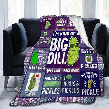 Custom Pickle Blanket with Name for Women Men, Personalized Cute Pickle Themed Design Printed Throw Blankets for Teens Adults Couch Bed, Giftable Blanket, 60"x 80"