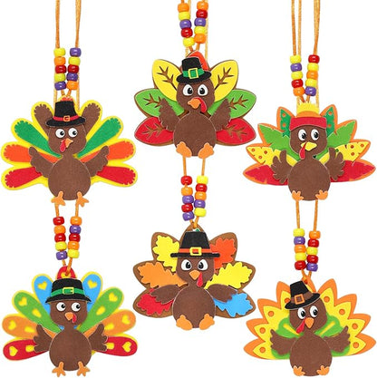 WorldBazaar Turkey Craft Kits For Kids 12 Pack Thanksgiving Turkey Necklace Crafts Bulk DIY Turkey kits Thanksgiving Party Activities Game
