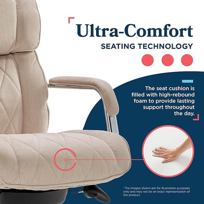 La-Z-Boy Sutherland Quilted Leather Executive Office Chair with Padded Arms, High Back Ergonomic Desk Chair with Lumbar Support, Cream Microfiber Fabric