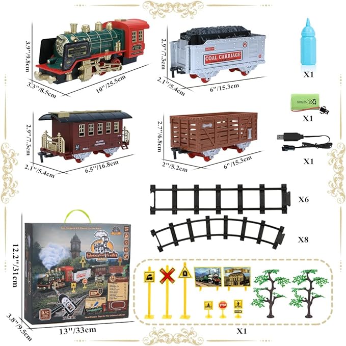 Remote Control Train Set - Electric R/C Train Toy for Kids w/Smokes,Lights & Sound 3 +