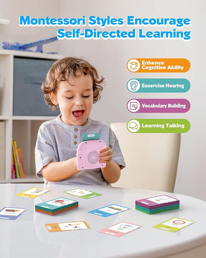 Bilingual Pink Spanish and English Talking Flash Cards, Pocket Speech Therapy Toys with 512 Words, Montessori Language Learning Toys, Autism Toys, Children's Sensory Learning, Birthday Toys