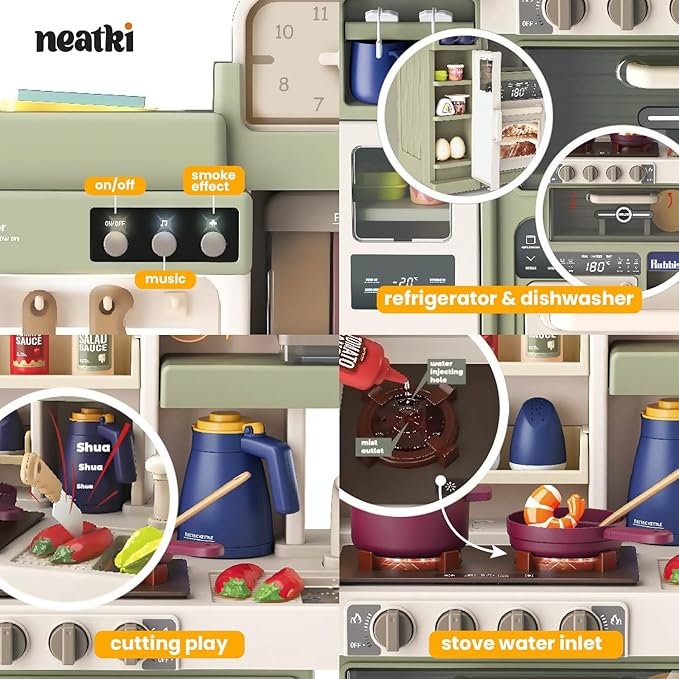 72-Piece Kids' Kitchen Playset, 27.16 x 10.62 x 36.61 inches, Interactive Toy for Toddlers, Realistic Design & Educational Fun for Ages 3 and Up (Avocado Ash 72)