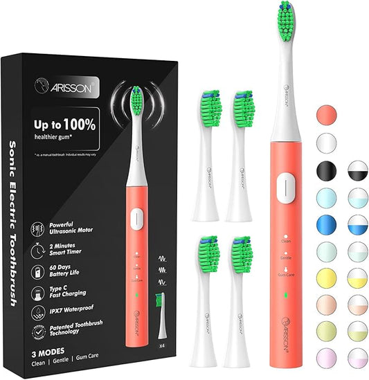 ARISSON Sonic Electric Toothbrush for Adults and Kids, 40,000 VPM Power Toothbrush, 1.5H Fast Charge Ultrasonic Electric Toothbrushes with 2 Minutes Smart Timer, White on Peach Orange