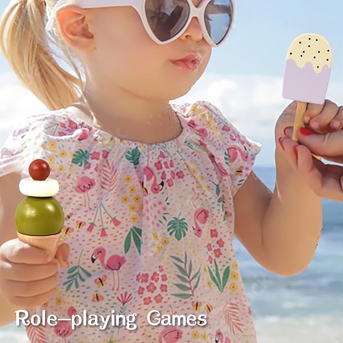 Wooden Ice Cream Toy,Pretend Play Food Toys,Play Ice Cream Counter Set for Kids,Play Kitchen Accessories for Toddlers Girls Boys Ages 3+