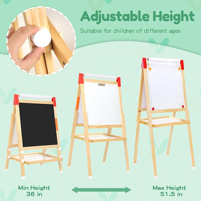 Art Easel for Kids-LCD Writing Tablet, Adjustable Standing Easels w/Magnetic Whiteboard & Paper Roll, Dry Erase Easel with Drawing Accessories, Double-Sided Easel for Kid Toddler 2-4 4-8 8-12