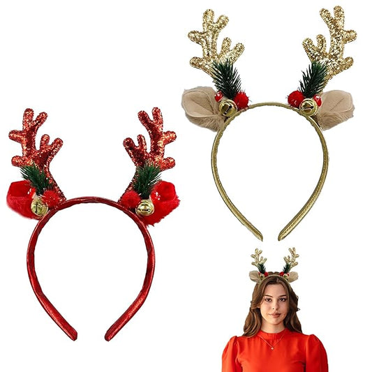 Reindeer Antlers Headband - 2Pcs Gold Red Sequins Reindeer Ears