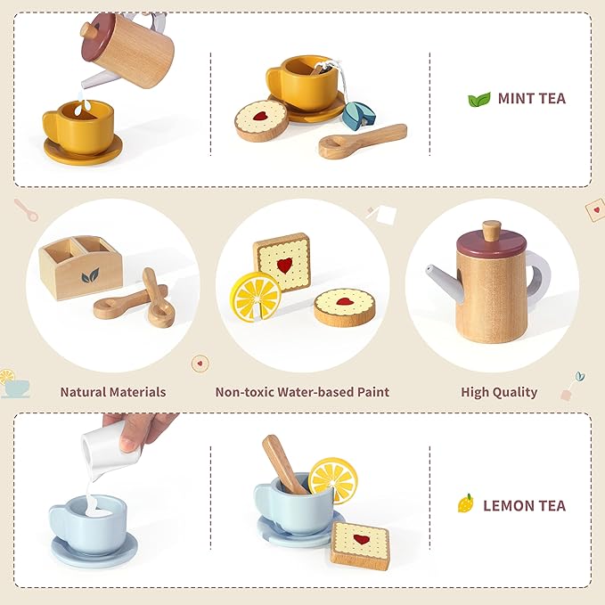 Wooden Toy Tea Set for Little Girls, Toddler Tea Party Set Kids Pretend Play Kitchen Accessories with Play Food Gift for Girls Boys 3 Years and up