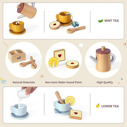 Wooden Toy Tea Set for Little Girls, Toddler Tea Party Set Kids Pretend Play Kitchen Accessories with Play Food Gift for Girls Boys 3 Years and up