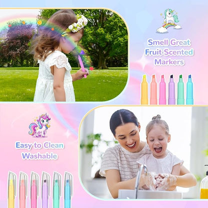 Washable Scented Markers Set for Kids - Unicorn Coloring Art Supplies Set for Kids Ages 4-8 Bithday Gifts for 4-8 Year Old girls Unicorn Pencil Case 54 PCS