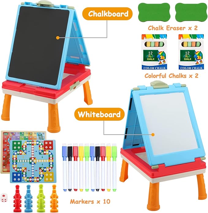 Table Art Easel for Kids, Double Sided Foldable Tabletop Drawing Easels Chalkboard Desk with Graffiti and Board Game Accessories Supplies for Boys and Girls (Red)