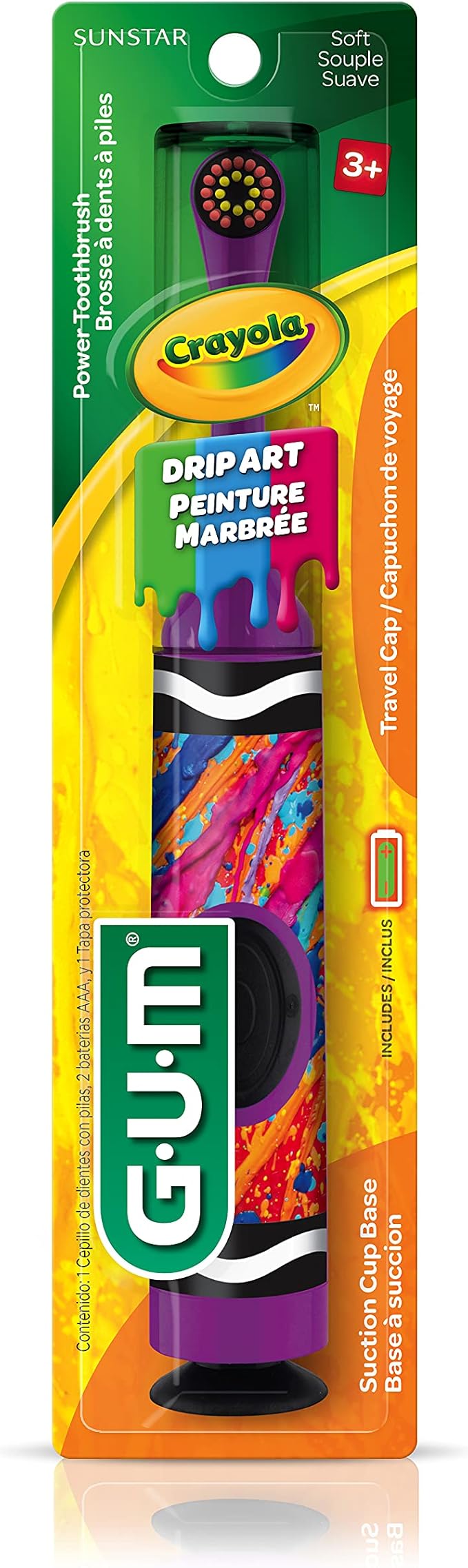 GUM Crayola Power Toothbrush for Kids, Extra Soft Bristled Toddler Toothbrushes, Travel Cap + Suction Cup Base, Batteries Included, 1ct (Pack of 2)