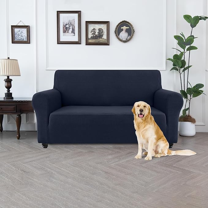 100% Waterproof Jacquard Fabric Couch Cover, Dual Layer with TPU Film, Leakproof High Elasticity Non-Slip Washable Furniture Protector for Pets, Dogs, Cats and Kids (Loveseat,Navy Blue)
