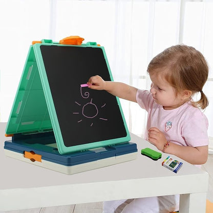 Table Art Easel for Kids, Double Sided Foldable Tabletop Drawing Easels Chalkboard Desk with Graffiti and Board Game Accessories Supplies for Boys and Girls (Blue)