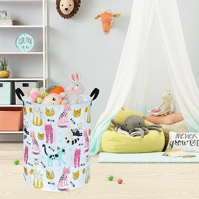 Round Cat Pattern Laundry Basket Laundry Hamper Storage Basket Organizer