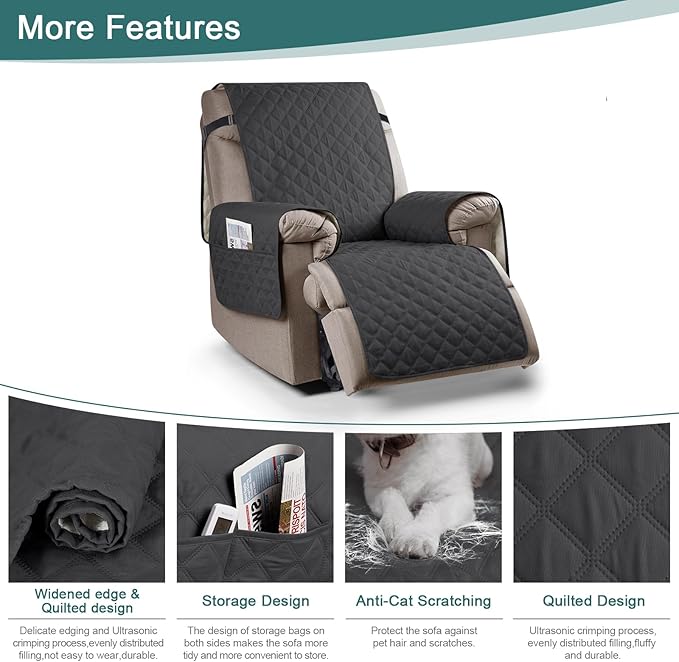 Ruaozz 100% Waterproof Recliner Chair Cover Non-Slip Reclining Cover for Recliner Chair Washable Chair Seat Cover with Elastic Straps for Kids, Dogs, Pets (Charcoal Grey, 23'')