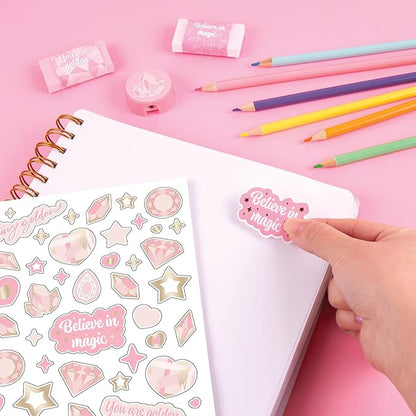 Three Cheers for Girls - Pink & Gold All-In-1 Sketchbook Set - Girls Diary, Journal, Sketch Book for Kids w/ Pencils, Stickers & More - Drawing Kit for Kids - Unlined Diary for Girls - Kids Sketch Pad