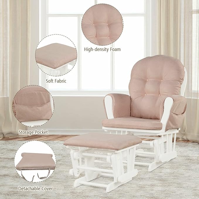 Costzon Nursery Glider with Ottoman, Upholstered Comfort Glider Rocker with Padded Cushion, Storage Pocket, Solid Wood Base, Rocking Chair Nursery for Breastfeeding, Maternity, Napping (Pink)