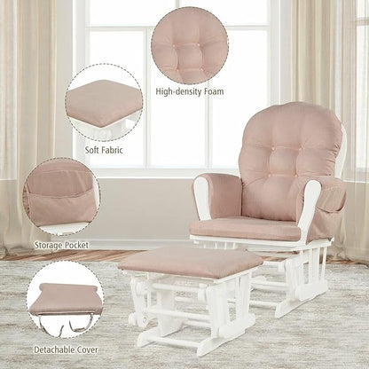 Costzon Nursery Glider with Ottoman, Upholstered Comfort Glider Rocker with Padded Cushion, Storage Pocket, Solid Wood Base, Rocking Chair Nursery for Breastfeeding, Maternity, Napping (Pink)