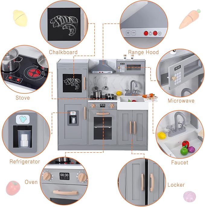Wooden Play Kitchen, Kids Kitchen Playset with Microwave, Oven, Sink, Real Lights & Sounds,Wooden Chef Pretend Play Set for Boys and Girls