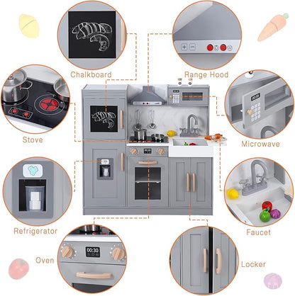 Wooden Play Kitchen, Kids Kitchen Playset with Microwave, Oven, Sink, Real Lights & Sounds,Wooden Chef Pretend Play Set for Boys and Girls