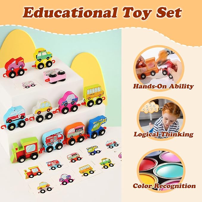HOMEE Wooden Transportation Train Set for Toddler,11 Pieces Train Toys with Puzzles 0-10 for 3 4 5 Year
