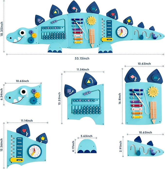 Beright Dinosaur Activity Wall Busy Board Panels, Montessori Sensory Toys, Toddler Learning Activity Center, Perfect for Toddler Playroom & Children's Daycare, Blue