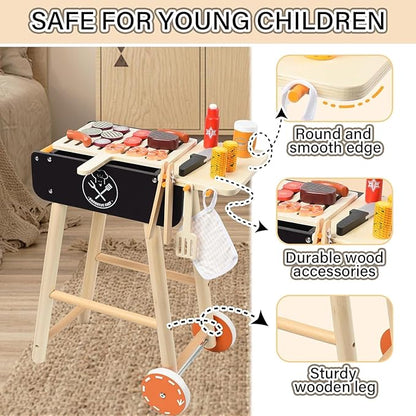 Wooden Play Barbecue Toy Grill, Kids BBQ Grill Playset with Play Food and Grilling Tools, Kids Cooking Sets, Outdoor Play Kitchen Set Kids, Pretend Play Kitchen Accessories Toddlers Age 3+