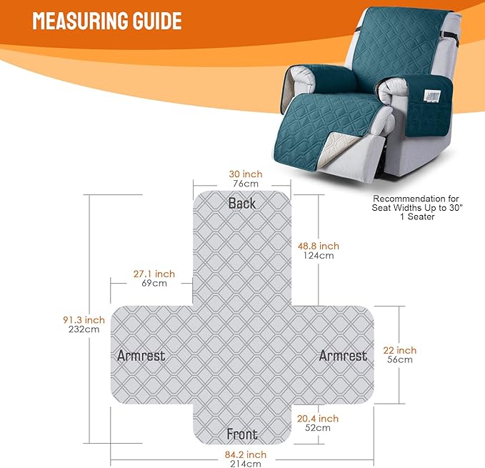 VANSOFY 100% Waterproof Recliner Chair Covers, Recliner Cover Non-Slip Dog Chair Cover Furniture Protector Washable Slipcover with Pocket, Elastic Straps for Pets, Dogs(Peacock Blue, 30")