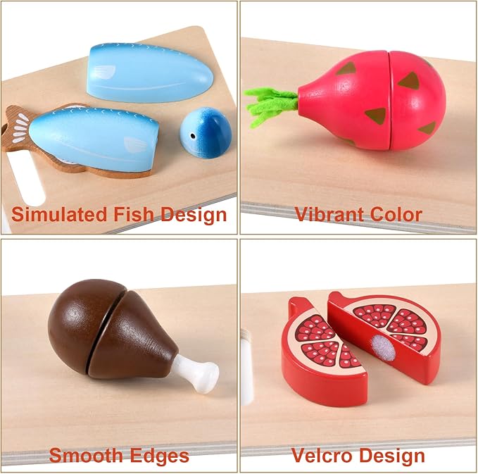 WHOHOLL Wooden Play Food Toys for Kids Kitchen Playset, Play Kitchen Accessories with Apron Pretend Cutting Food Montessori Toys for 1+ Year Old Girls and Boys