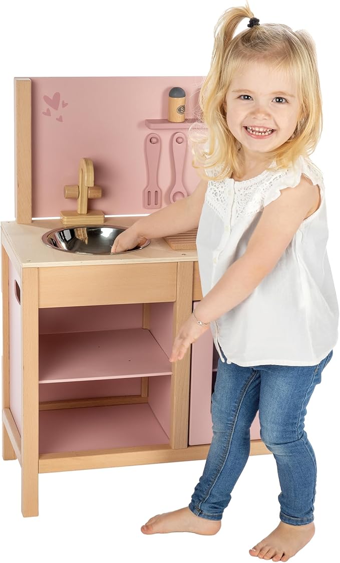 Wooden Kitchen Play Set - Pink - Standing Appliance Toy, Cooking & Food Accessories, Storage-Oven-Sink, Pretend Play Station, Kids Age 3+