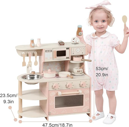 Wooden Play Kitchen for Kids, Pretend Kitchen Playset with Coffee Maker, Oven, Microwave, Cookware Accessories, Play Sink, Mini Toy Kitchen Set,Christmas Birthday Gift for Toddler Boys Girls