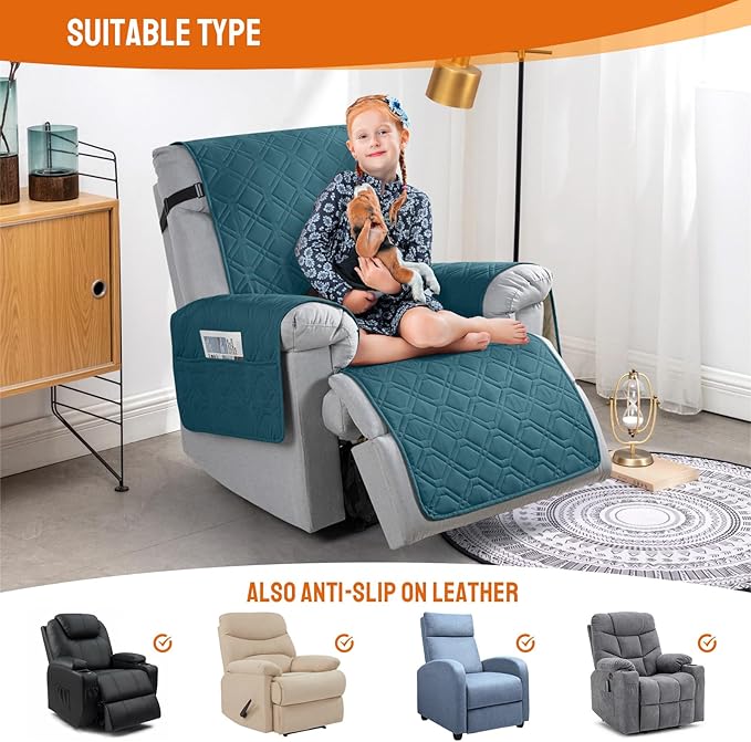 VANSOFY 100% Waterproof Recliner Chair Covers, Recliner Cover Non-Slip Dog Chair Cover Furniture Protector Washable Slipcover with Pocket, Elastic Straps for Pets, Dogs(Peacock Blue, 30")