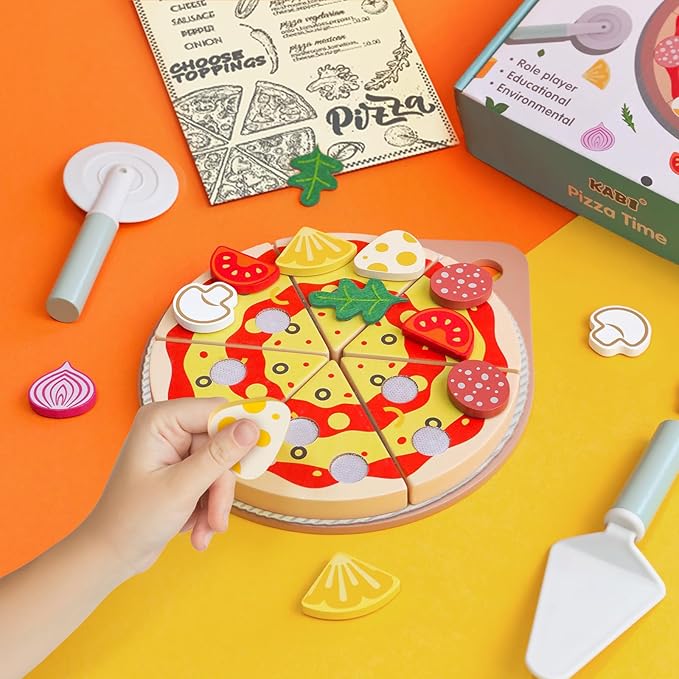 Wooden Pizza Toy Cutting Play Food，26Pcs Pizza Toys for Kids Ages 3-5，Kids Pizza Playset Pretend Play Kitchen Accessories，Play Pizza Set for Kids Wood Cooking Toys Birthday