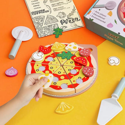 Wooden Pizza Toy Cutting Play Food，26Pcs Pizza Toys for Kids Ages 3-5，Kids Pizza Playset Pretend Play Kitchen Accessories，Play Pizza Set for Kids Wood Cooking Toys Birthday