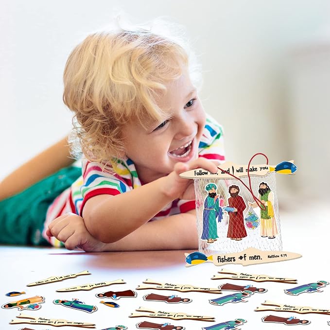 Amyhill 24 Sets 24 Sets Fishers of Men Craft for Kids First Communion Sunday School Crafts Bible Craft Kit Christian Jesus Religious Supplies for Toddlers Kids and Home Activities
