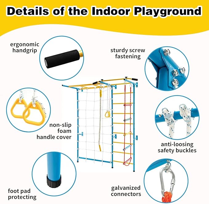 tongmo Climbing Toys for Kids, Upgrade Metal Indoor Gym for Exercise, Playground and Climbing Set with Rope Ladder, Rope Wall, Pull-up Bar, Wall Ladder, Monkey Bars, Rope and Gymnastic Rings