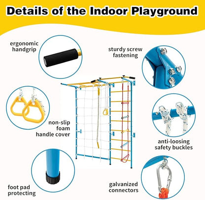 tongmo Climbing Toys for Kids, Upgrade Metal Indoor Gym for Exercise, Playground and Climbing Set with Rope Ladder, Rope Wall, Pull-up Bar, Wall Ladder, Monkey Bars, Rope and Gymnastic Rings