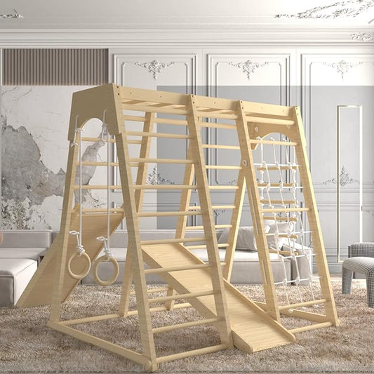 Toddler Jungle Gym, 66" Indoor Playground Set with Swing, Rock Climb Wall, Slide, Monkey Bars, Wood & Rope Ladder, Rope Wall Ladder for Kids 1-8yrs