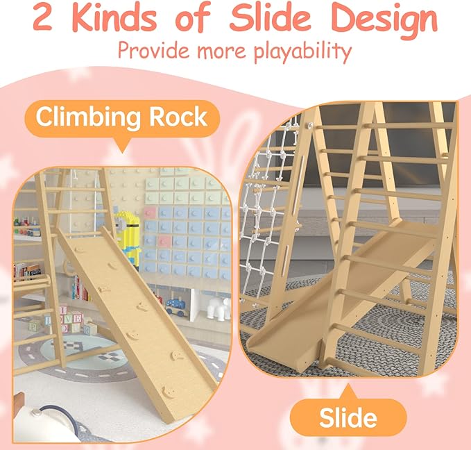 Toddler Jungle Gym, 66" Indoor Playground Set with Swing, Rock Climb Wall, Slide, Monkey Bars, Wood & Rope Ladder, Rope Wall Ladder for Kids 1-8yrs