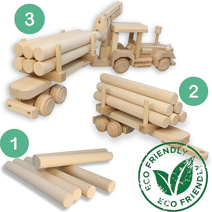 Wooden Logging Tractor Toy with Realistic Shape, Wooden Toy Truck with Trail & Cargo - Eco-Friendly Wood Toy for Kids Age 3 Years Old - Preschool Educational Game