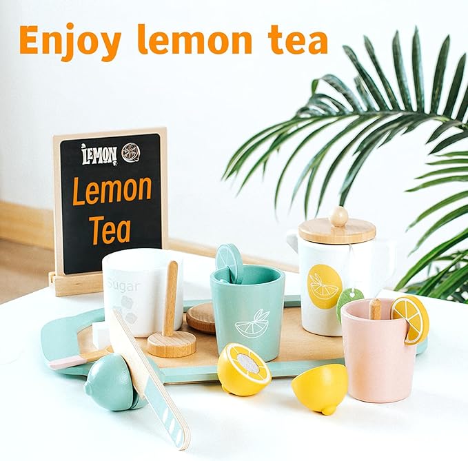 Wooden Tea Party Set for Little Girls Toys, Pretend Play Kids Tea Set for Toddlers Wood Toys, Wooden Play Food Kitchen Accessories Sets for Kid (Lemon Tea)