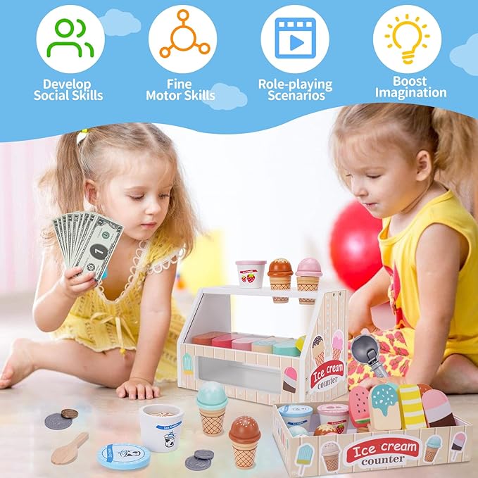 Wooden Ice Cream Counter Playset for Kids, Toddler Girl Toys Kitchen Playset Pretend Play Gifts for 3 4 5 6 Year Old Girl or Boy, Play Food Scoop and Serve, Play Kitchen Sets for Kids Ages 4-8