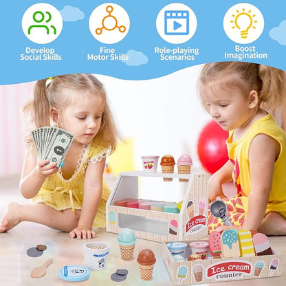 Wooden Ice Cream Counter Playset for Kids, Toddler Girl Toys Kitchen Playset Pretend Play Gifts for 3 4 5 6 Year Old Girl or Boy, Play Food Scoop and Serve, Play Kitchen Sets for Kids Ages 4-8
