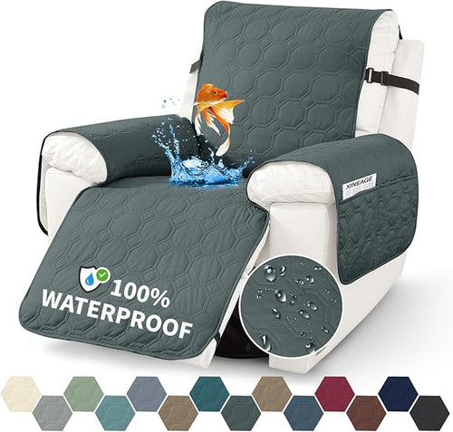 XINEAGE 100% Waterproof Recliner Chair Cover, Non Slip Covers for Recliner Chair with Pocket, Washable Dog Recliner Couch Cover with Elastic Straps (Dark Gray, 30")