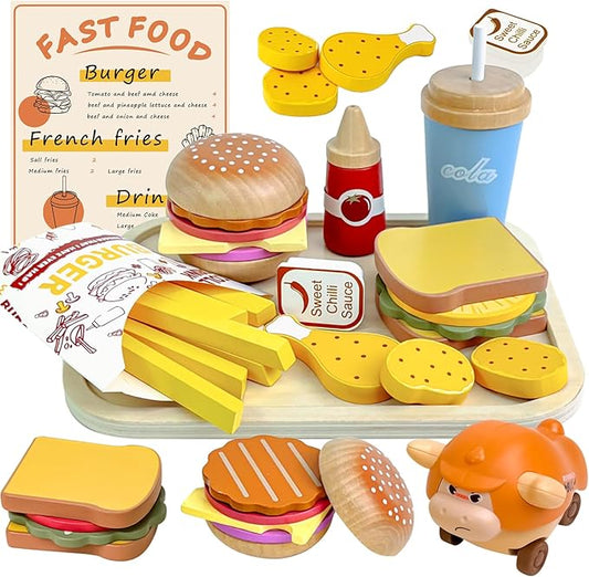 Wooden Play Food Set for Kids, Pretend Fast Food Playset, Wooden Hamburger French Fries Toy, Play Kitchen Accessories for Toddlers with Car Toy, Educational Toys Gift for Boys Girls
