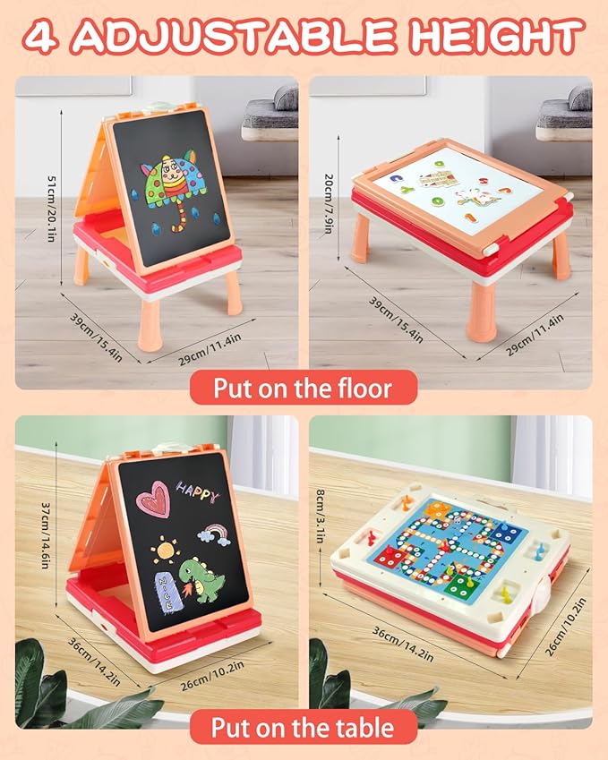 Tabletop Easel for Kids, Foldable Art Easel for Toddler,Double Sided Kids Easel with Chalkboard & Magnetic Dry Erase Board,Height Adjustable Desktop Easel, Educational Gift for Girls(Pink)