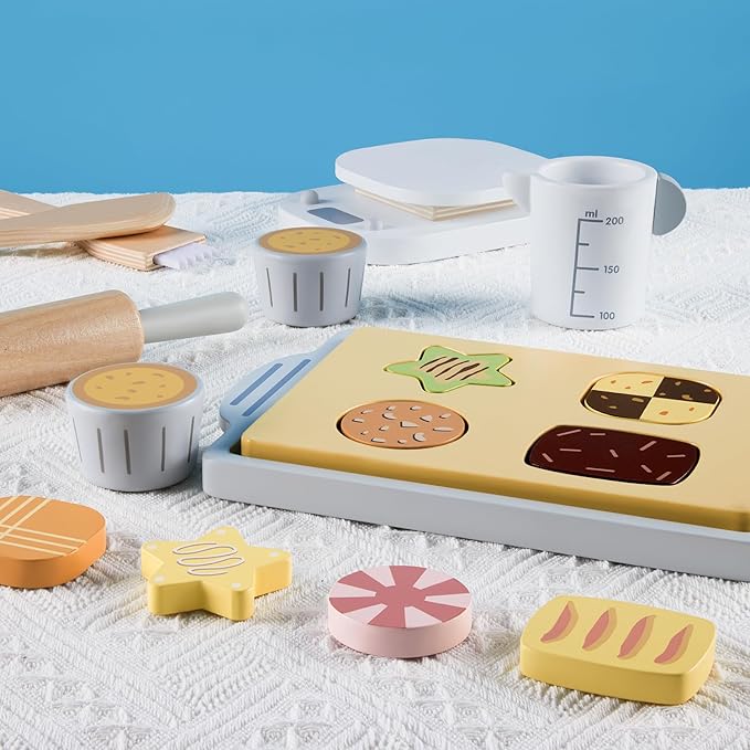 Wooden Toy Bake and Cookie Set, Pretend Play Food Sets for Kids, Pretend Cookies and Baking Set Kitchen Playset, Pretend Play Kitchen Accessories Gift for Boys and Girls Ages 3+