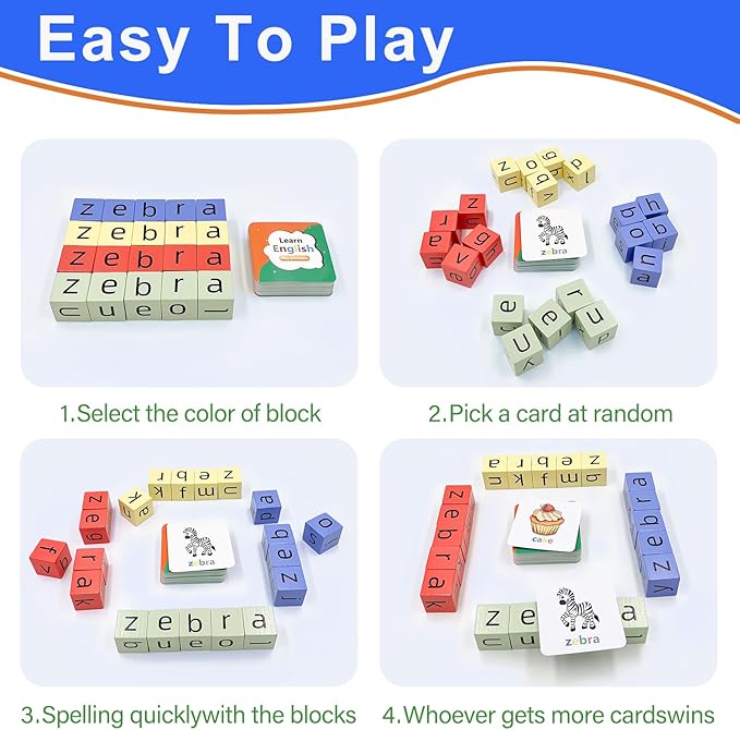 Wooden Blocks Spelling Game, Matching Letter Game for Kids Ages 3-8, Kindergarten Educational Sight Words Flash Cards Learning Toy, Preschool Montessori ABC Alphabet Crossword Puzzle